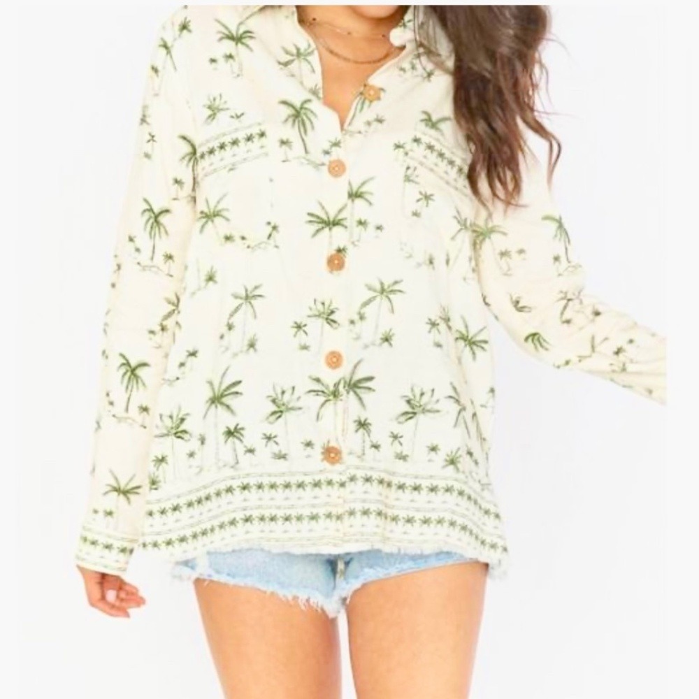Show Me Your Mumu‎ Marcella Top Palm Print Linen, Women L White/Green